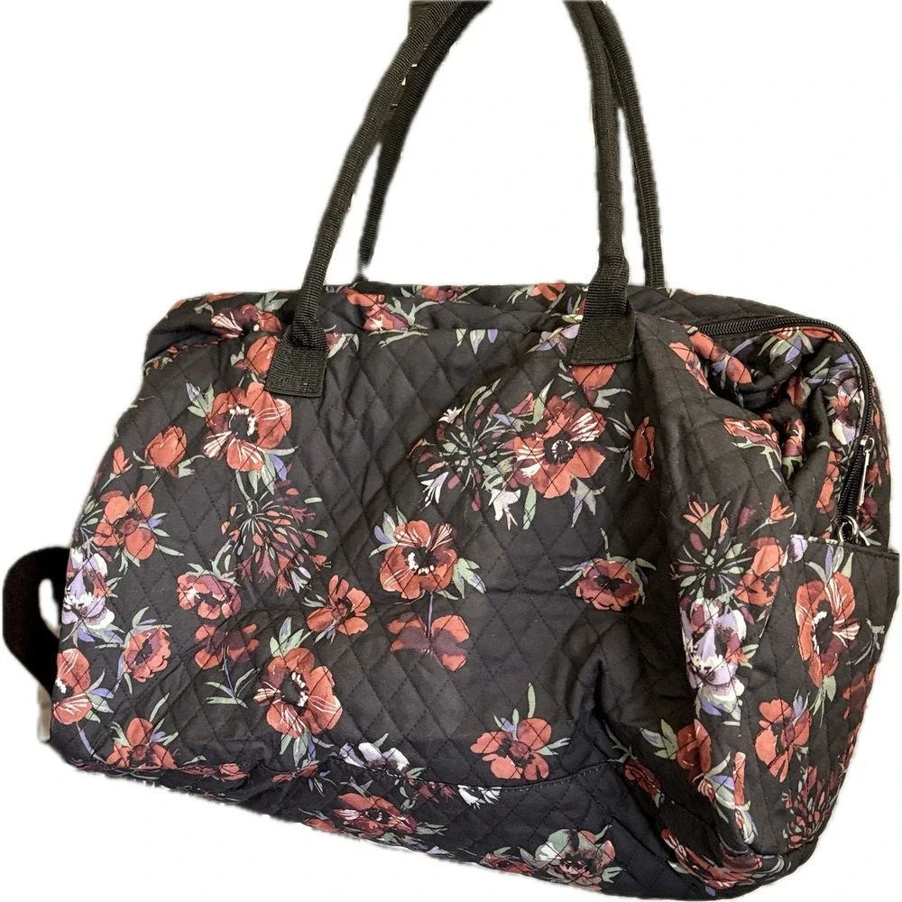 Woman Within Quilted Travel Bag and Matching Compact Mirror Set Black Red Floral